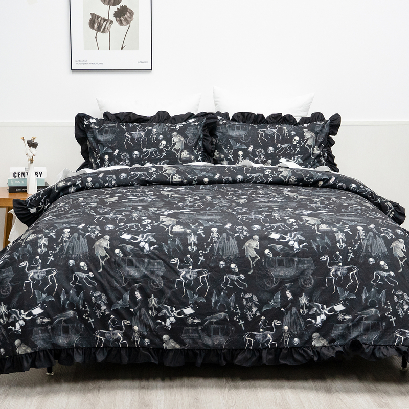 100% Organic Cotton Print Duvet Cover Set-Black